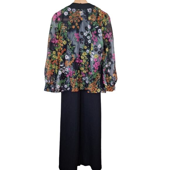 Vintage 70s Black Dayglo Floral Maxi Hostess Dress Sheer Jacket Women Size M/L - Picture 2 of 12
